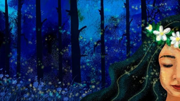 森林公主花圈精灵头像手绘插画晚安