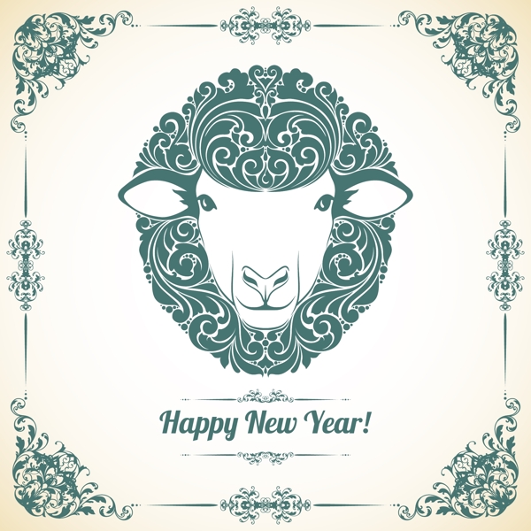 绿色手绘绵羊头新年贺卡