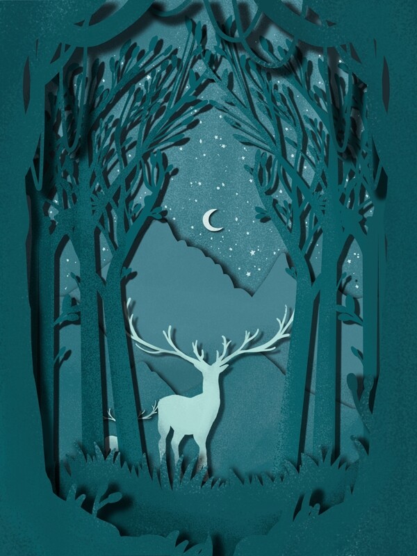森林与鹿唯美插画剪纸风