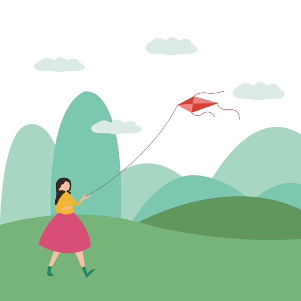 春季小女孩放风筝可爱踏青卡通手绘
