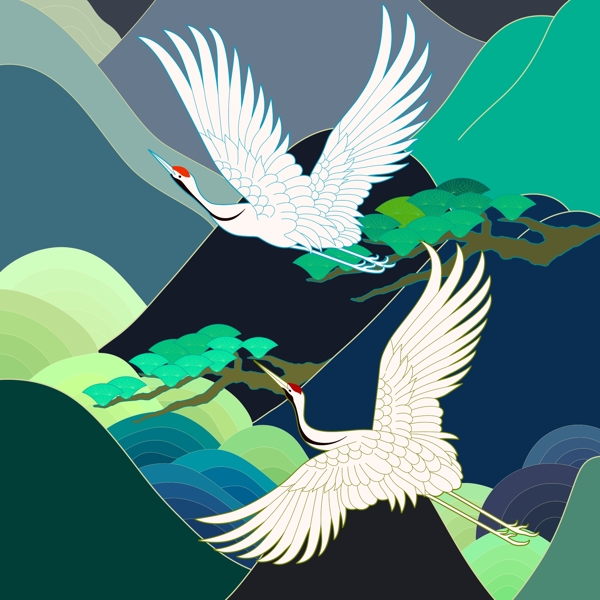 国风插画山鸟图色彩鲜明鹤图片