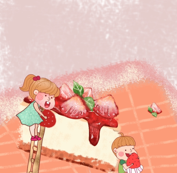 原创小孩子吃草莓蛋糕粗线条写实画