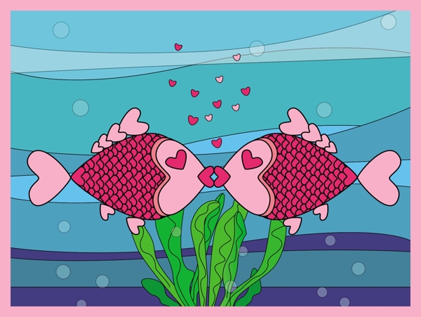 矢量素材浪漫可爱卡通接吻鱼