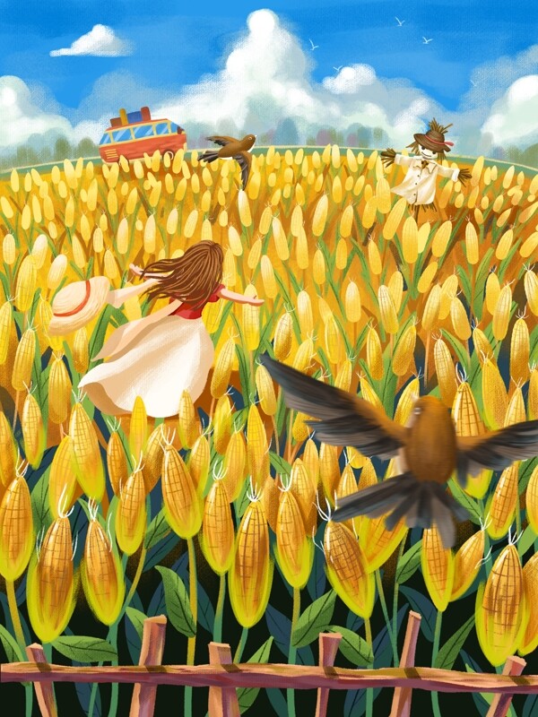 金色玉米地小女孩和稻草人秋天风景画