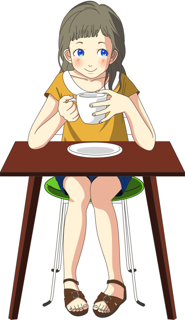 手绘喝咖啡的女生插画