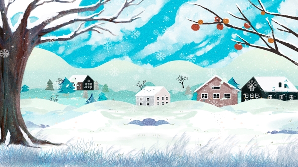 手绘冬季雪地村庄背景设计
