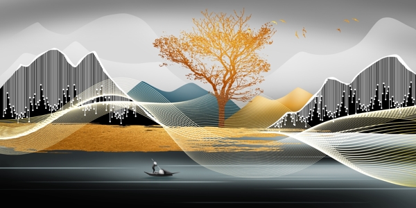 新中式线条手绘意境山水渔船饰画