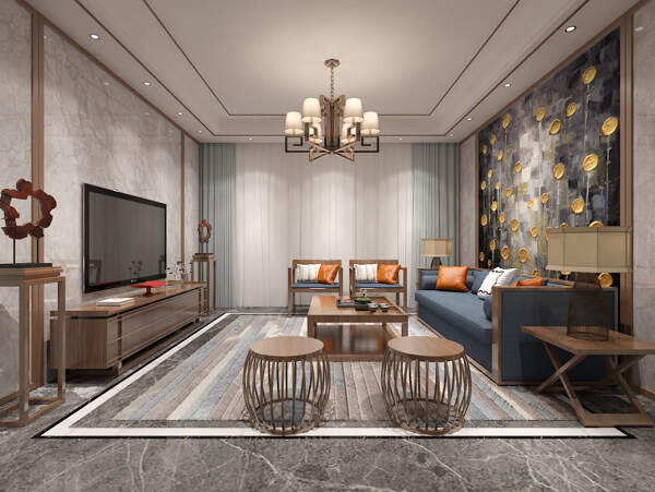 大气新中式风格客厅空间装修设计效果图