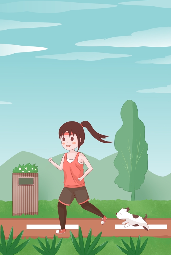 卡通清新跑步健身的女孩海报背景