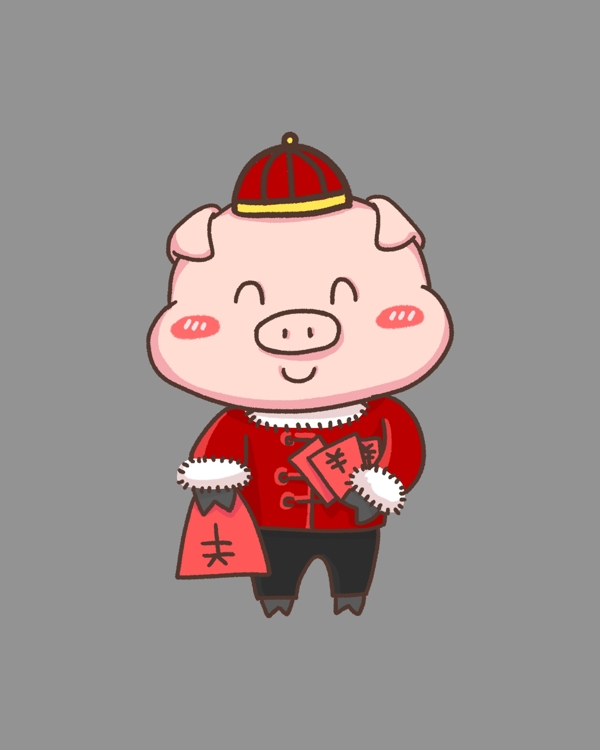 春节卡通猪发红包手绘