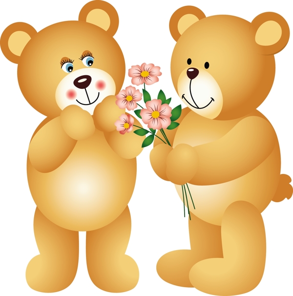 两只拿着鲜花的小熊