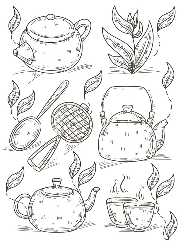 茶壶茶叶线条图片