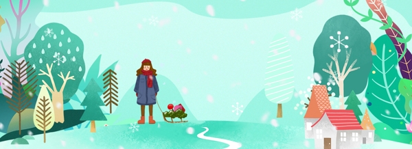 冬日户外玩雪橇女孩服装促销海报