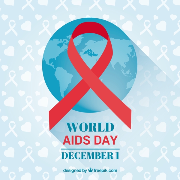 蓝色背景与世界地图和红丝带艾滋病日