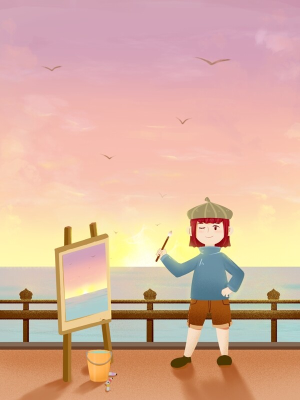 温馨紫色青年节画家男孩在海边画画