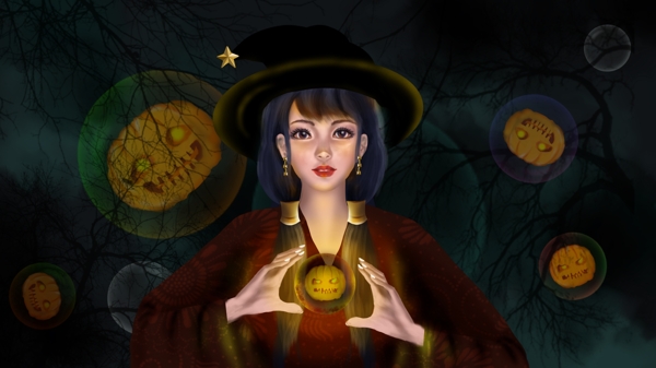 万圣节女巫南瓜气泡黑森林魔法发光帽子魔幻