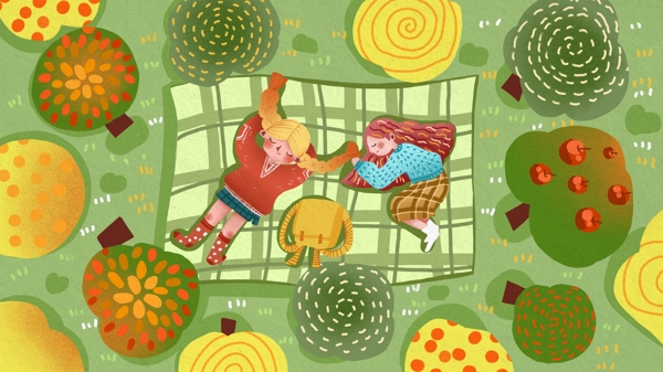 国际儿童日女孩们在森林午睡温馨清新插画