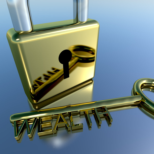 财富的钥匙显示财富储蓄和财富的挂锁
