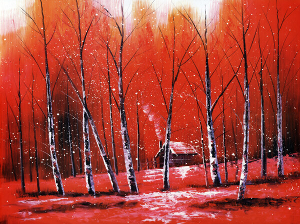 红色树林油画图片
