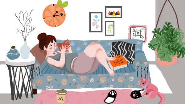 治愈系小清新清晨躺沙发上看书的小女孩插画