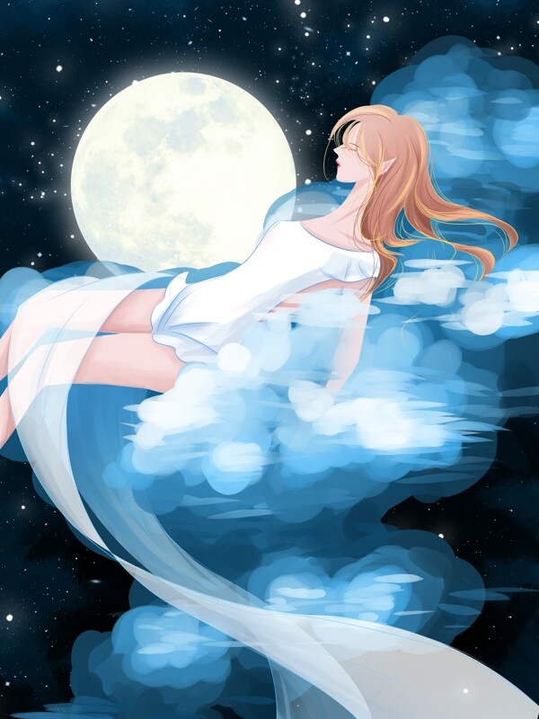 晚安世界治愈系插画睡在云朵上的女孩