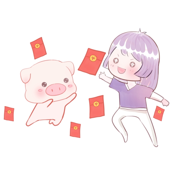 猪猪小女孩发红包卡通插画