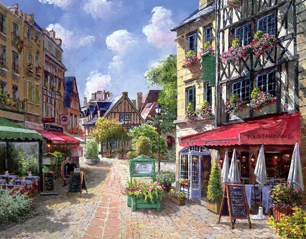 欧洲小镇街景油画
