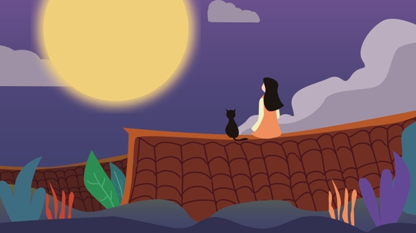 中秋节女孩和猫屋顶赏月矢量插画