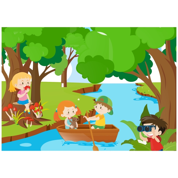 卡通儿童节在森林玩耍的孩子