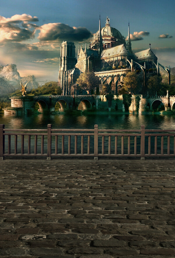 欧洲城堡建筑风光影楼摄影背景图片