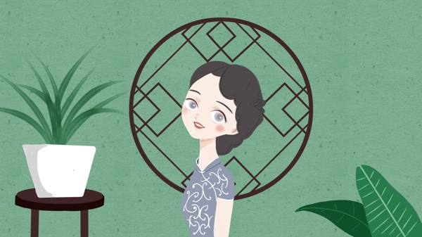 旗袍女人窗前绿植古风中国风插画