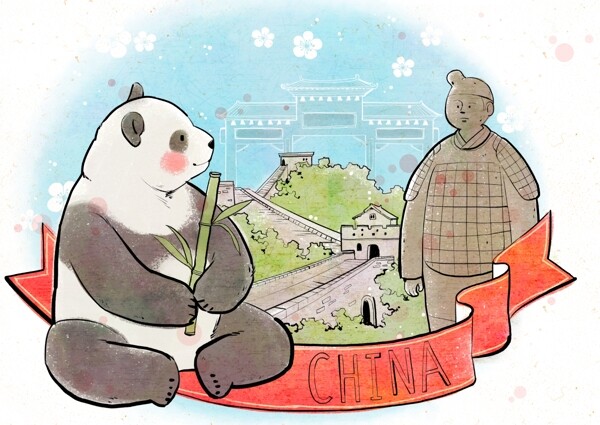 中国传统熊猫插画