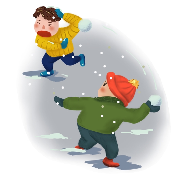冬天来了两个打雪仗的小男孩手绘卡通元素