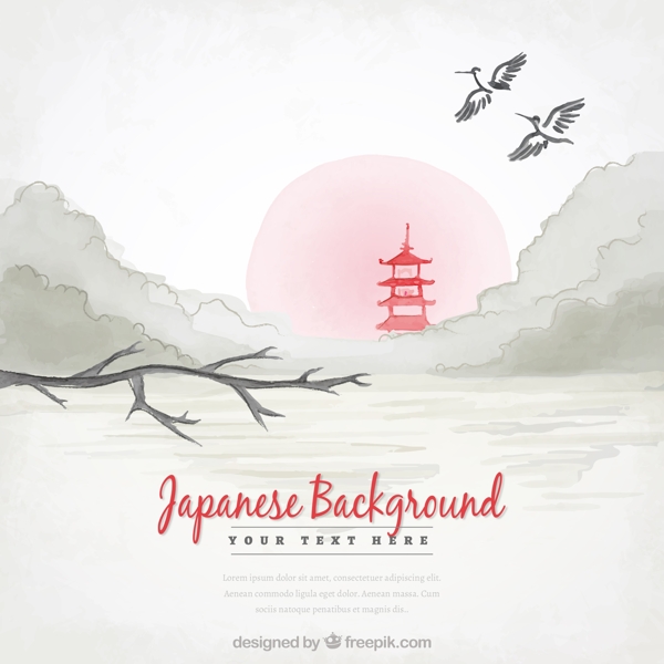 水彩画的日本背景景观和红寺
