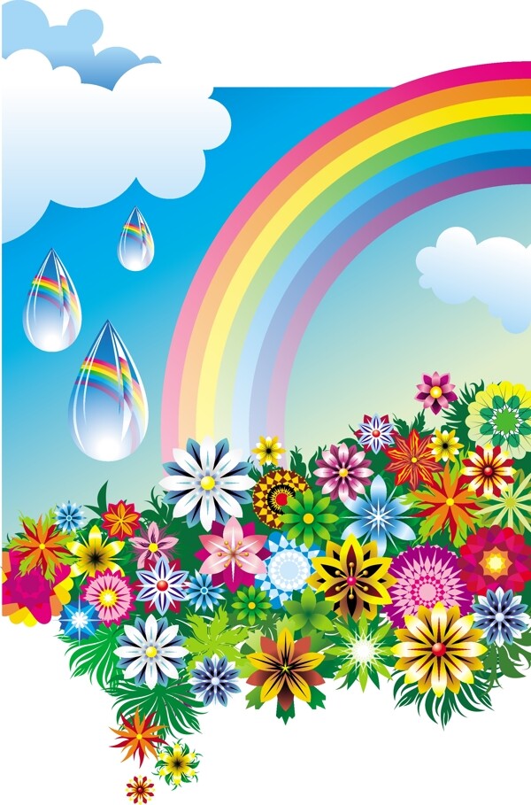 缤纷花朵和彩虹矢量素材