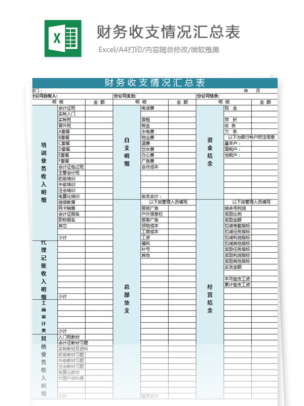 财务收支情况汇总表Excel模板