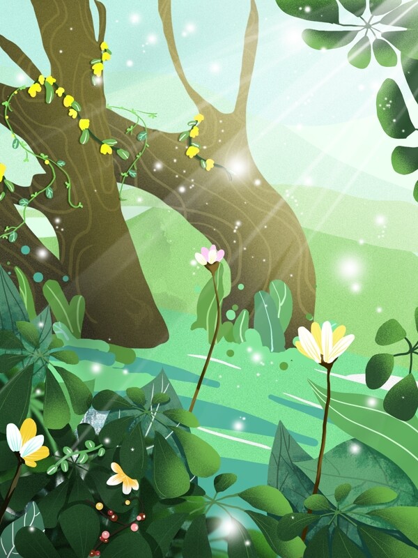 手绘春分阳光树林背景设计