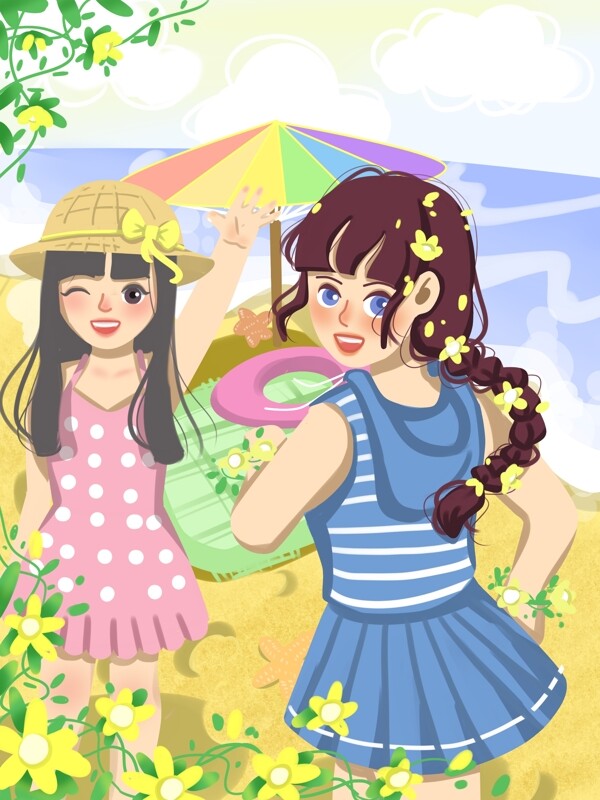 夏日缤纷海边度假女孩玩耍可爱治愈插画