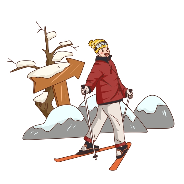 手绘冬季旅游雪上运动滑雪插画