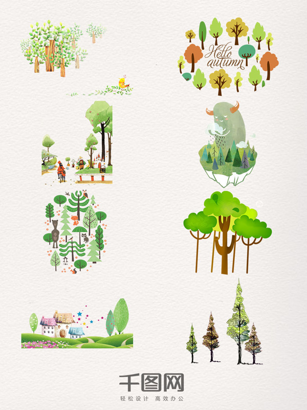卡通树木群图案元素