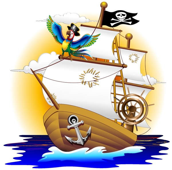 卡通海盗船和鹦鹉的矢量图形