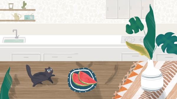夏季家居厨房西瓜盆栽猫咪背景素材