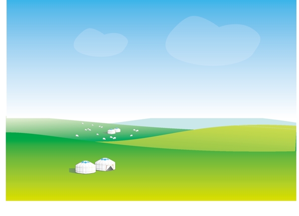 蓝天草原绿地蒙古包羊群图片