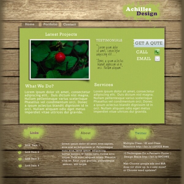 木质背景绿色格调的网页模板图片