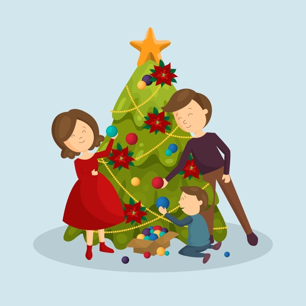 可爱的家庭场景与圣诞树