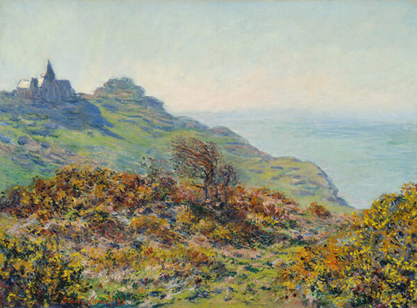 TheChurchatVarengevilleandtheGorgeofLesMoutiers1882法国画家克劳德.莫奈oscarclaudeMonet风景油画装饰画