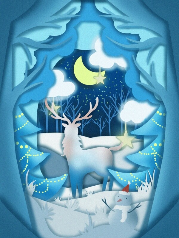圣诞节之梦境中的鹿剪纸治愈风插画
