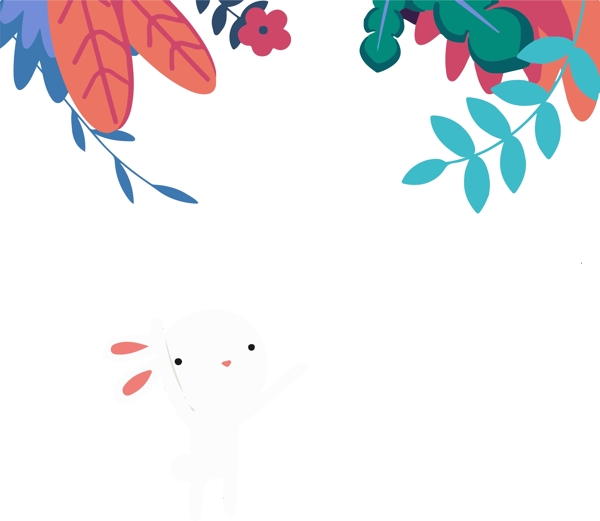 夏季手绘清新大叶植物装饰可爱卡通小兔子矢量插画