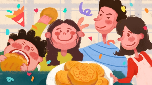 中秋节家人亲人团聚吃月饼庆祝温馨插画