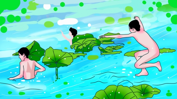 暑气游泳小河荷叶插画